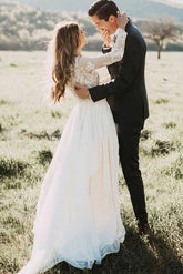 Chiffon A-Line Bateau Long Sleeves Wedding Dress with Appliques